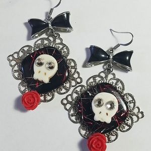 Handmade Skull, Bow and Red Rose Earrings